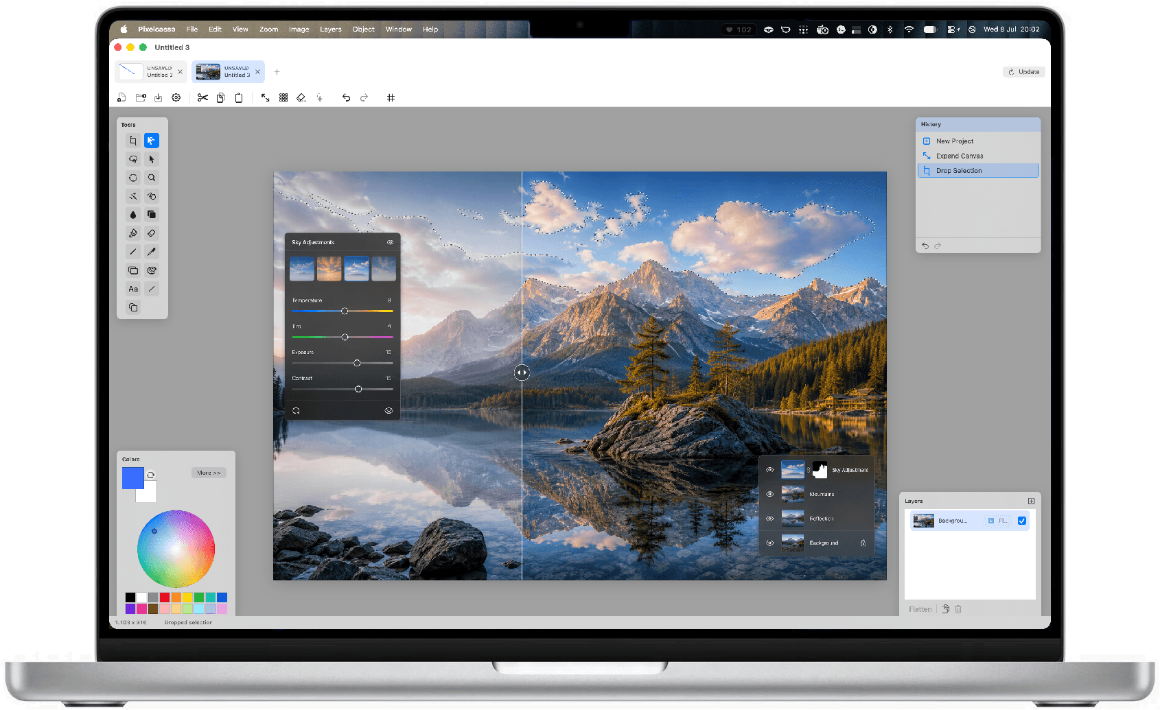 Pixelcaso running on a MacBook with image editing tools, layers, colors, and history panels visible